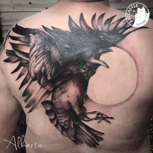 ArtCastleTattoo Tattoo ArtiestAlberto Raven on back Black n Grey Black n Grey