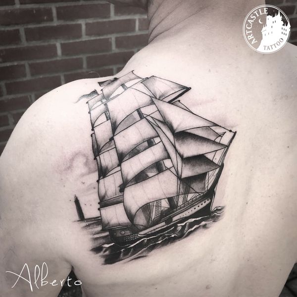 ArtCastleTattoo Tattoo ArtiestAlberto Ship on Back Black n Grey Black n Grey