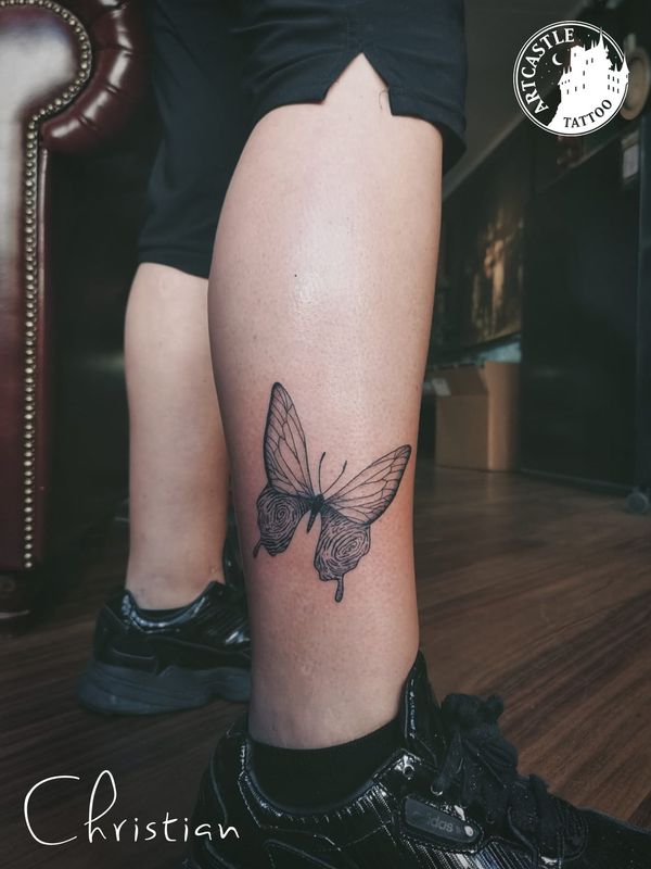 ArtCastleTattoo Tattoo ArtiestChristian Butterfly with fingerprint lower leg Fineline