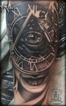 ArtCastleTattoo Tattoo ArtiestHoria Girl with Illuminati eye and Clock black n grey surrealism tattoo Black n Grey