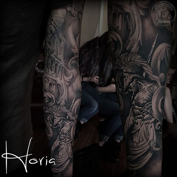 ArtCastleTattoo Tattoo ArtiestHoria Greek tattoo sleeve with details in black n grey arm Sleeves