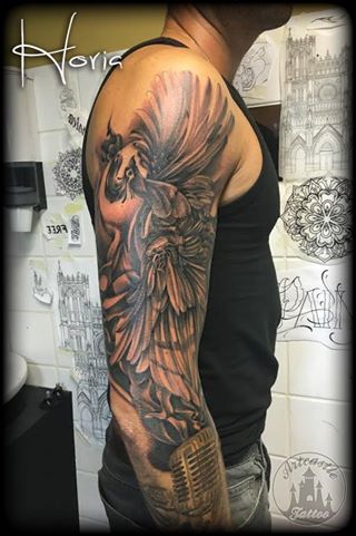 ArtCastleTattoo Tattoo ArtiestHoria Phoenix in black n grey on arm Sleeves