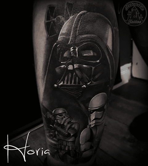 ArtCastleTattoo Tattoo ArtiestHoria Realistic Darth Vader and storm troopers Star Wars tattoo black n grey leg Black n Grey