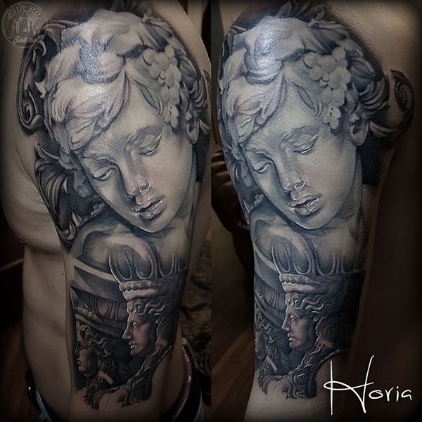 ArtCastleTattoo Tattoo ArtiestHoria Realistic Greek statue sleeve tattoo upper arm black n grey. Sleeves