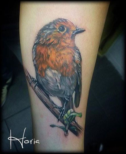 ArtCastleTattoo Tattoo ArtiestHoria Realistic Robin tattoo bird in full color on lower arm Color