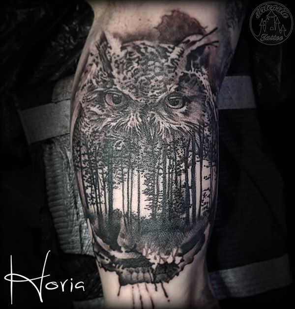 ArtCastleTattoo Tattoo ArtiestHoria Realistic black n grey owl tattoo forest scene inside fusion realism tattoo on inner arm Black n Grey