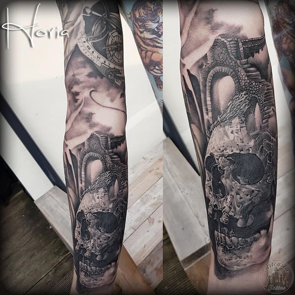 ArtCastleTattoo Tattoo ArtiestHoria Realistic dark skull tattoo with stair ruins sleeve in black n grey lower arm Sleeves