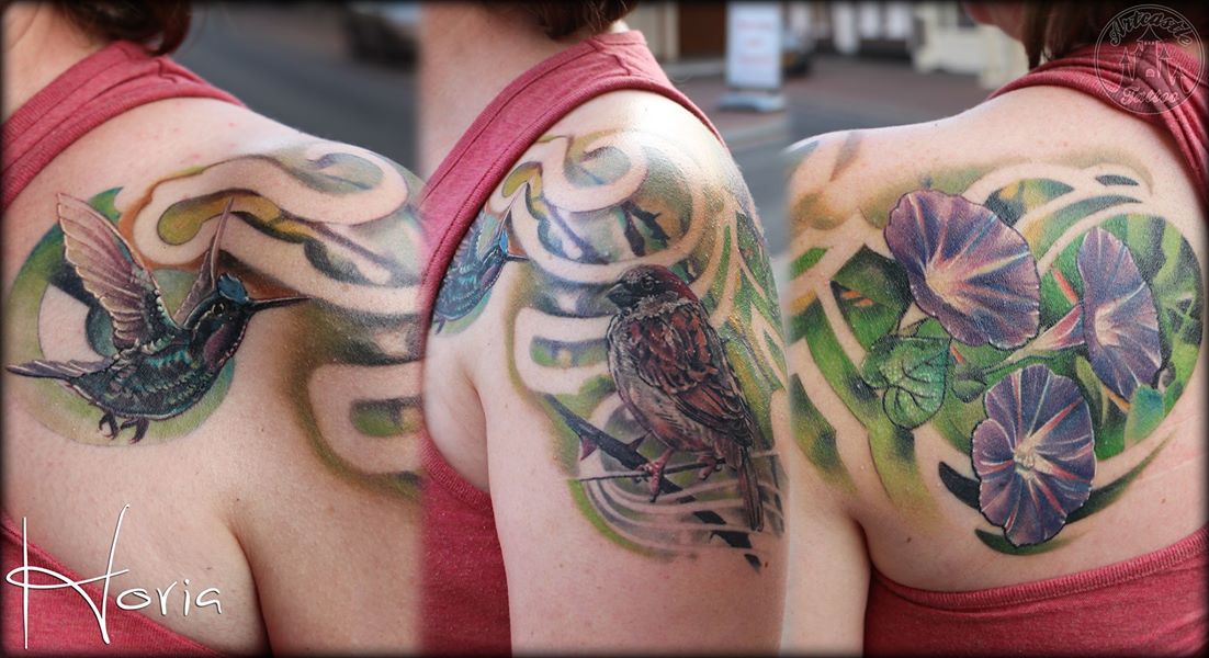 ArtCastleTattoo Tattoo ArtiestHoria Realistic hummingbirds flowers and bird tattoo full color on shoulder Color