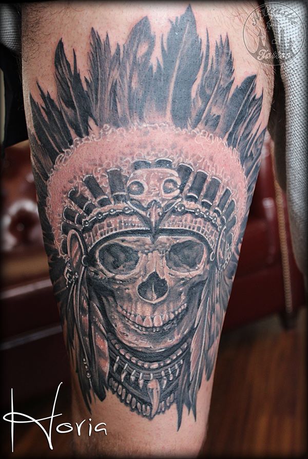 ArtCastleTattoo Tattoo ArtiestHoria Realistic indian skull tattoo black n grey upper leg Black n Grey