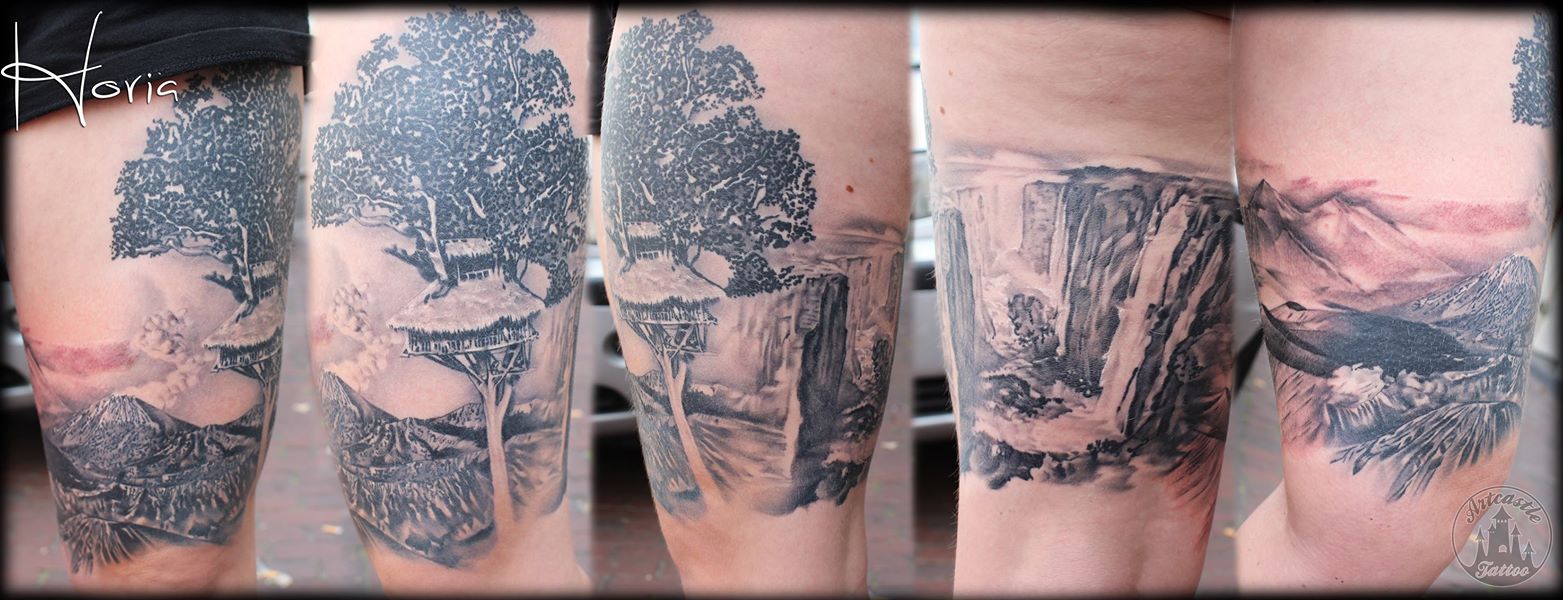 ArtCastleTattoo Tattoo ArtiestHoria Realistic landscape tattoo black n grey upper leg Black n Grey