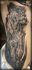 ArtCastleTattoo Tattoo ArtiestHoria Realistic lioness tattoo black n grey on side Black n Grey