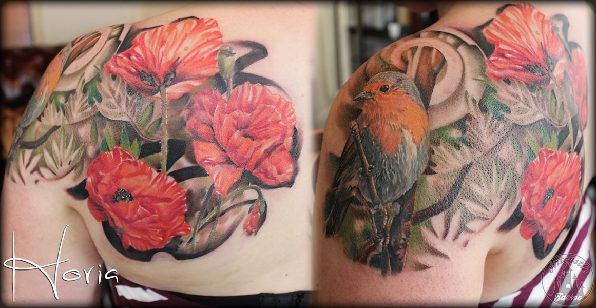 ArtCastleTattoo Tattoo ArtiestHoria Realistic poppy flowers and robin bird tattoo full color on shoulder Color