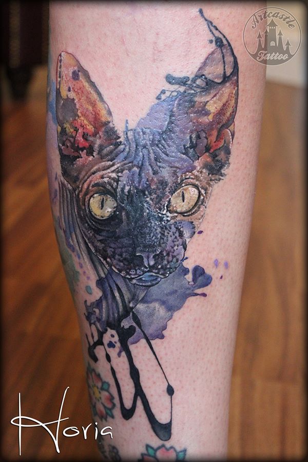 ArtCastleTattoo Tattoo ArtiestHoria Realistic watercolor Sphinx cat tattoo full color Color