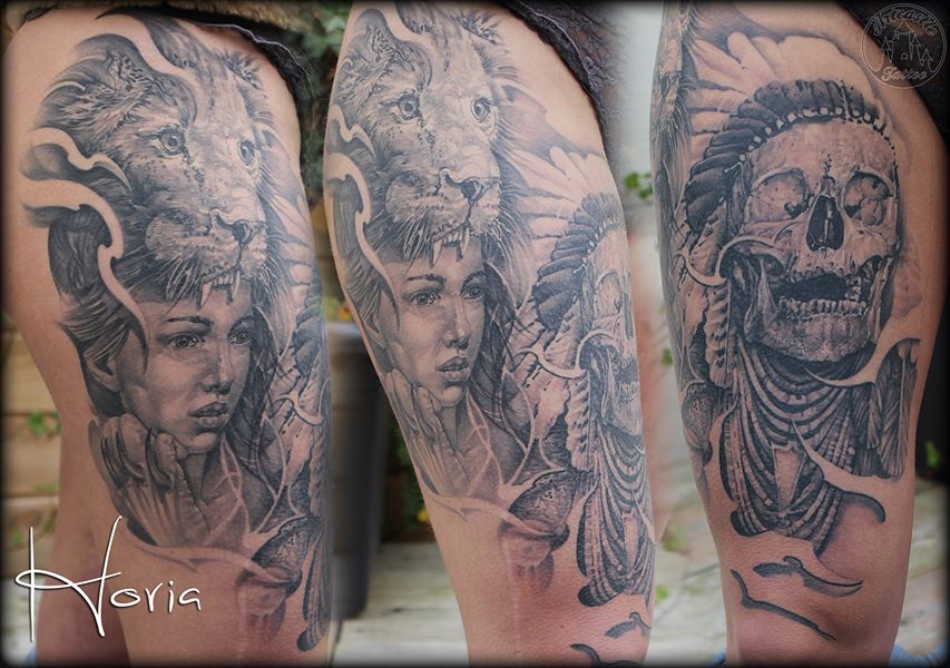 ArtCastleTattoo Tattoo ArtiestHoria Woman portrait lion head dress and native american indian skull tattoo black n grey realism on upper leg healed Black n Grey