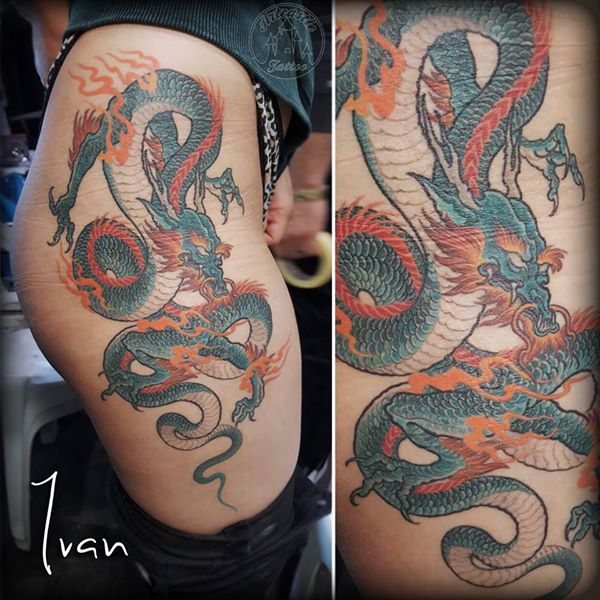 ArtCastleTattoo Tattoo ArtiestIvan Healed dragon on hip. Japans Japanese