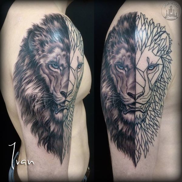ArtCastleTattoo Tattoo ArtiestIvan half realistic half geomtric lion on shoulder. Black n grey Black n grey