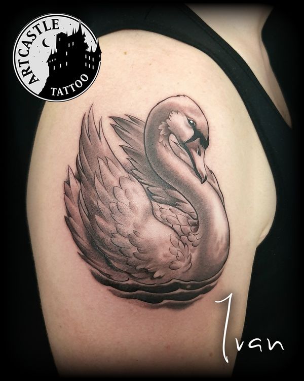 ArtCastleTattoo Tattoo ArtiestIvan realistic swan on upper arm Black n Grey