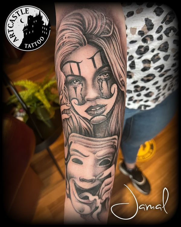 ArtCastleTattoo Tattoo ArtiestJamal Chicano style lady with mask on lower arm Black n Grey