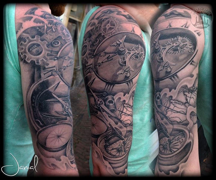 ArtCastleTattoo Tattoo ArtiestJamal Clockwork Map and Compass blend Sleeves