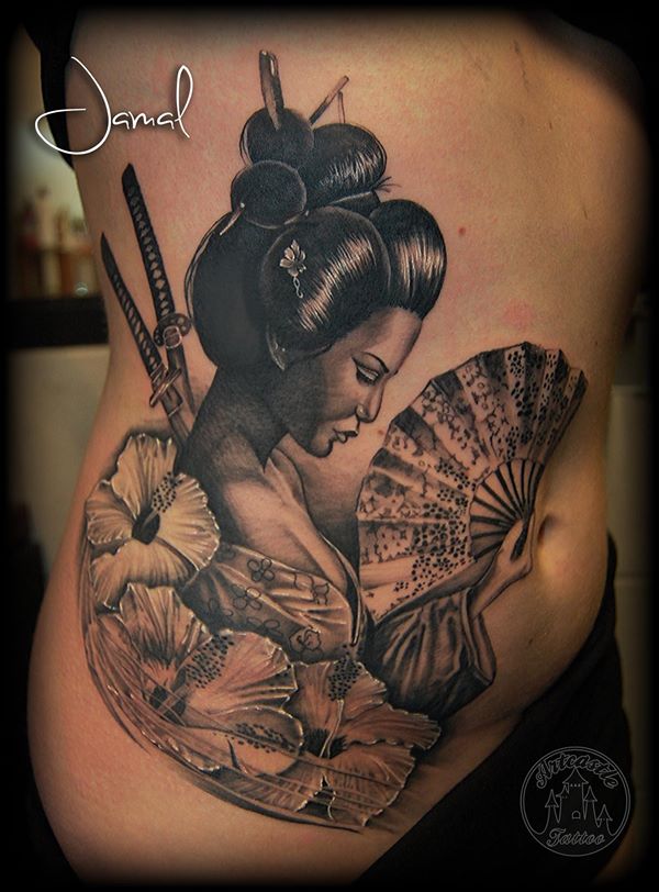 ArtCastleTattoo Tattoo ArtiestJamal Geisha with Flowers Swords and Fan Black n Grey