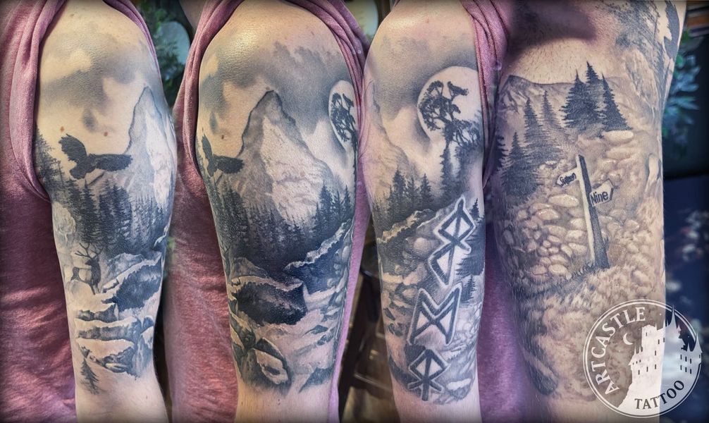 ArtCastleTattoo Tattoo ArtiestJamal Healed Mountain Nature Black n Grey