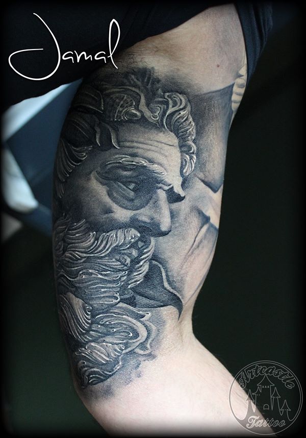 ArtCastleTattoo Tattoo ArtiestJamal Healed inner arm portrait of Zeus greek god Black n Grey
