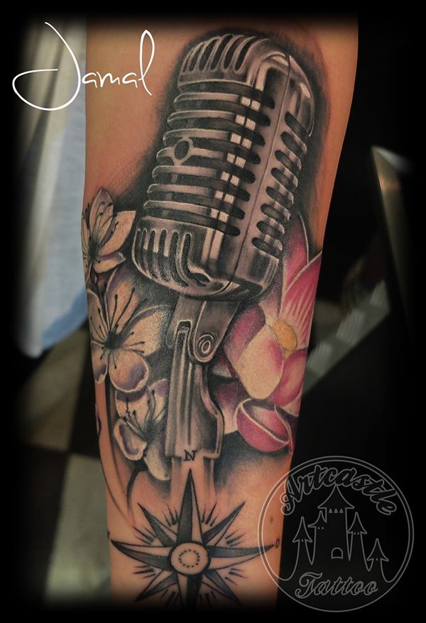 ArtCastleTattoo Tattoo ArtiestJamal Microphone with Flowers with color details Black n Grey