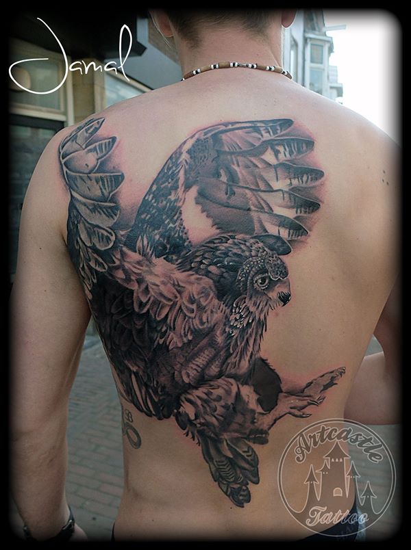 ArtCastleTattoo Tattoo ArtiestJamal Owl Backpiece Black n Grey