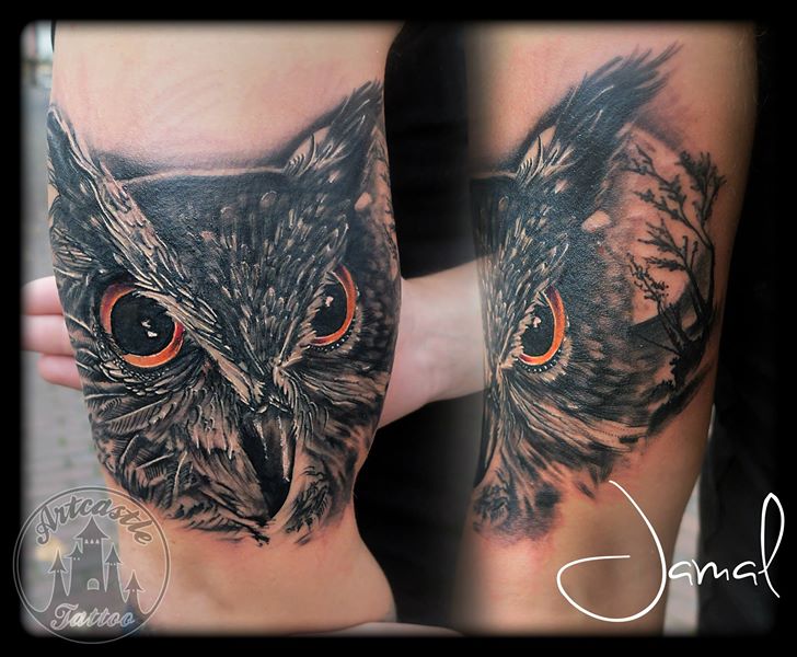 ArtCastleTattoo Tattoo ArtiestJamal Owl Black n Grey