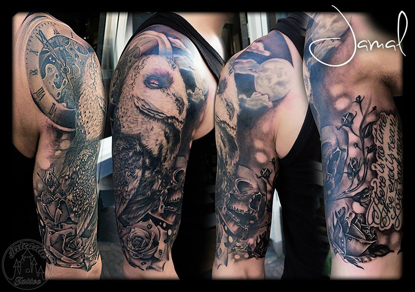ArtCastleTattoo Tattoo ArtiestJamal Owl Clockwork Sleeves