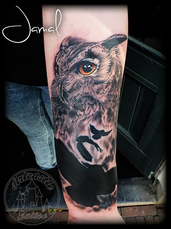ArtCastleTattoo Tattoo ArtiestJamal Owl Cover up with color eye details Black n Grey