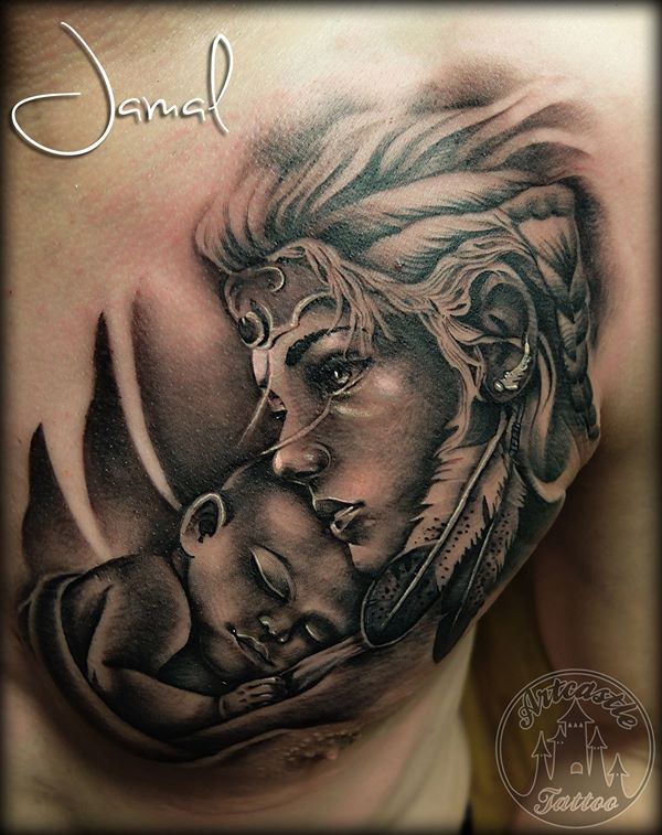 ArtCastleTattoo Tattoo ArtiestJamal Portrait of a loving mother holding a child Black n Grey