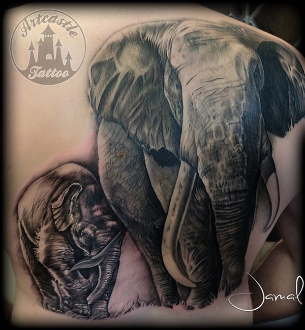 ArtCastleTattoo Tattoo ArtiestJamal Realistic Elephant Backpiece Tattoo Black n Grey