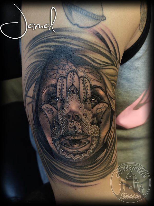 ArtCastleTattoo Tattoo ArtiestJamal Realistic Fatimas hand portrait Black n Grey