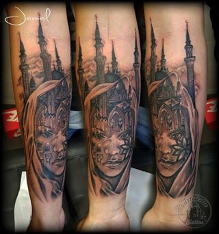 ArtCastleTattoo Tattoo ArtiestJamal Realistic Portrait Islam style 2nd Part of full sleeve Black n Grey