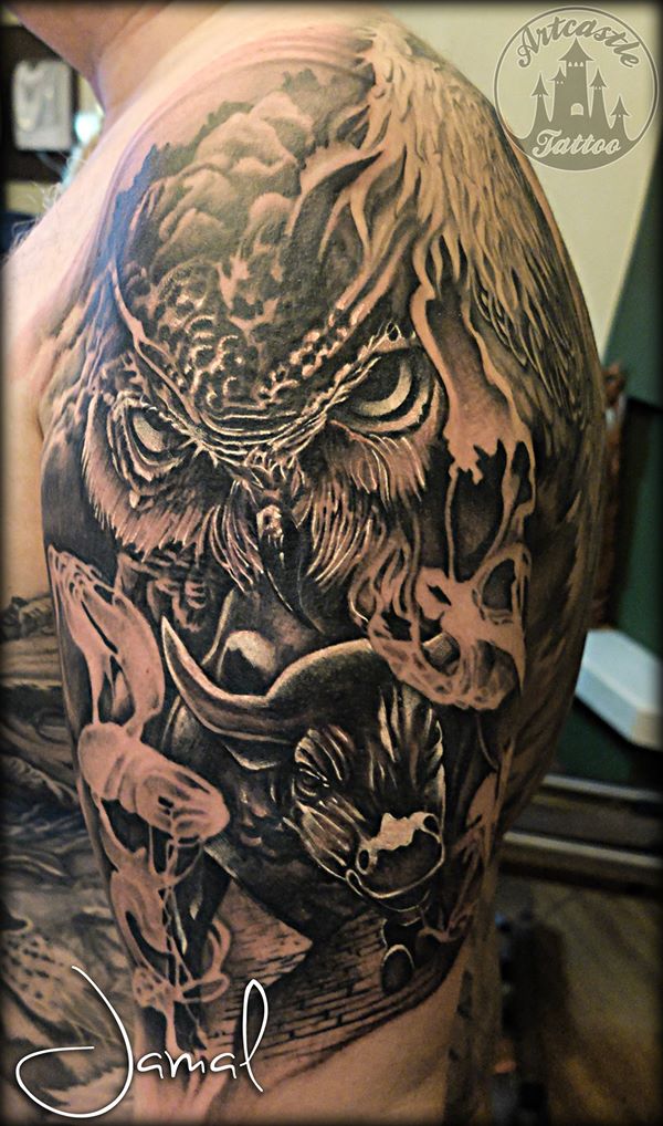 ArtCastleTattoo Tattoo ArtiestJamal Realistic piece of an Owl and a Bull with smoke and lots of details BlacknGrey