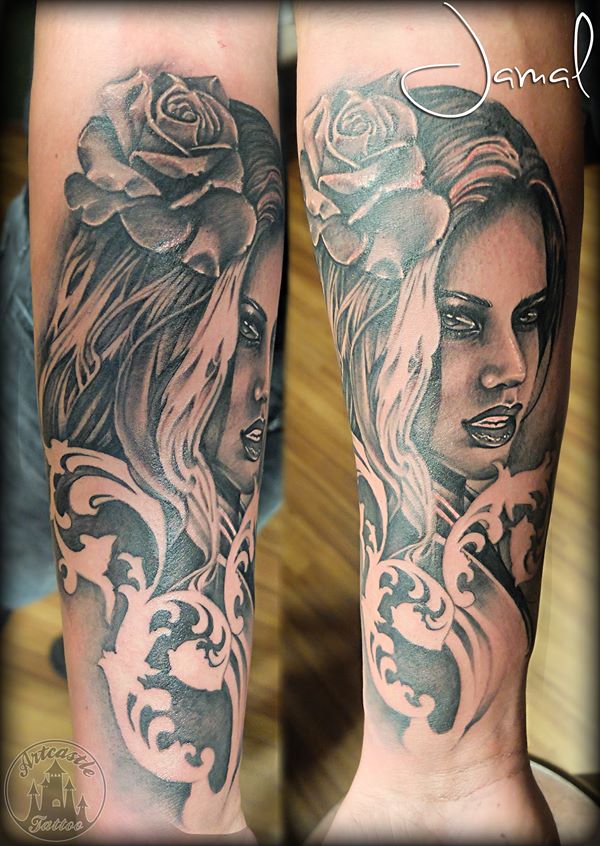 ArtCastleTattoo Tattoo ArtiestJamal Realistic portrait tattoo with a realistic rose and filigree Black n Grey
