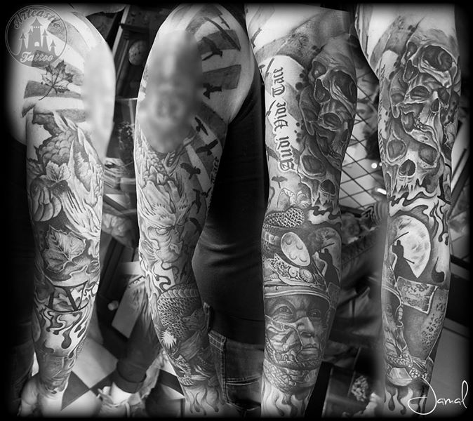 ArtCastleTattoo Tattoo ArtiestJamal Samurai Dragon and Skulls Sleeves