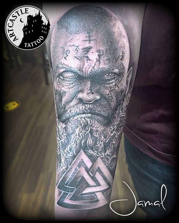 ArtCastleTattoo Tattoo ArtiestJamal VikingNordic style man with triangles on inside of lower arm Black n Grey
