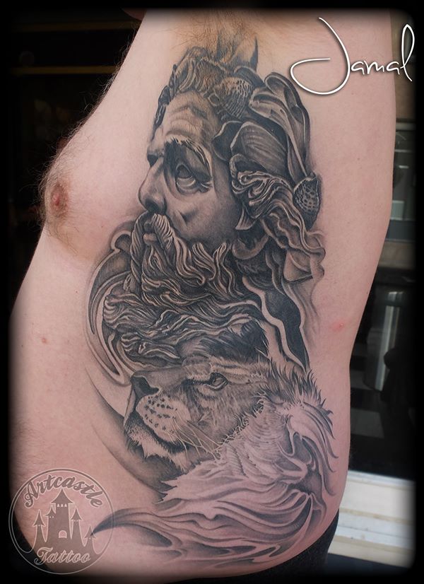ArtCastleTattoo Tattoo ArtiestJamal Zeus and Lion Side Piece Realistic Style Black n Grey