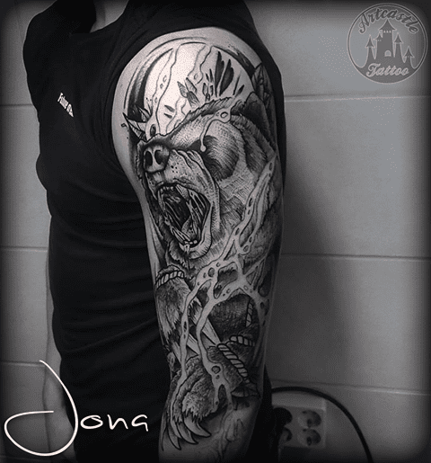 ArtCastleTattoo Tattoo ArtiestJona Bear piece in blackwork style part of a sleeve Blackwork