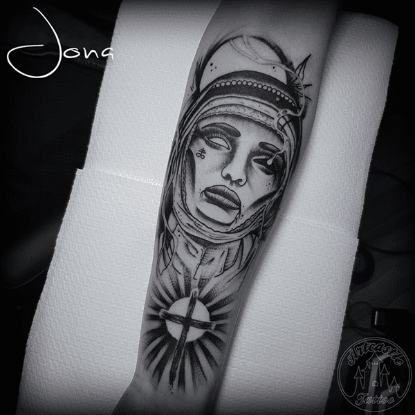 ArtCastleTattoo Tattoo ArtiestJona Nun on lower arm. Blackwork Blackwork