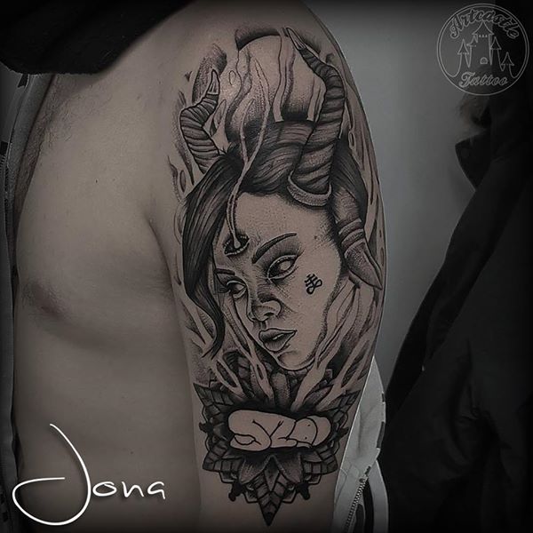 ArtCastleTattoo Tattoo ArtiestJona Portrait of a woman with horns and mandala Blackwork