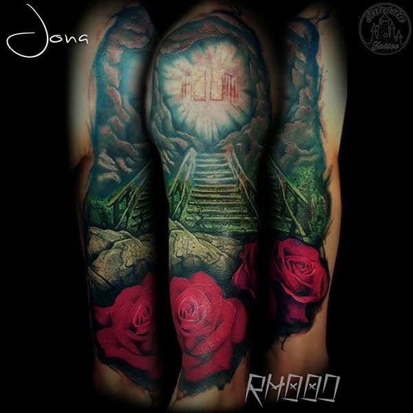 ArtCastleTattoo Tattoo ArtiestJona Realistic stairway to heaven with roses in color Color