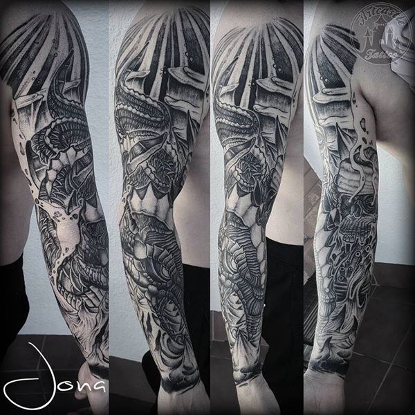 ArtCastleTattoo Tattoo ArtiestJona serpent full sleeve in black n grey Blackwork