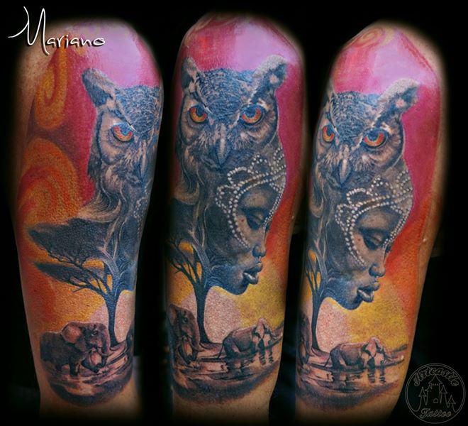 ArtCastleTattoo Tattoo ArtiestMariano African Piece with portrait and owl Color