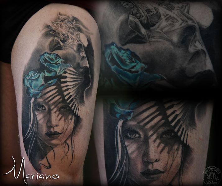 ArtCastleTattoo Tattoo ArtiestMariano Black n grey womans face with blue roses a fan with shadows and realistic smoke effects Portraits