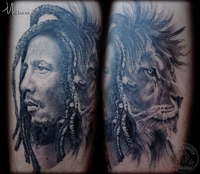 ArtCastleTattoo Tattoo ArtiestMariano Bob Marley portrait and Lion in realistic black n grey Portraits