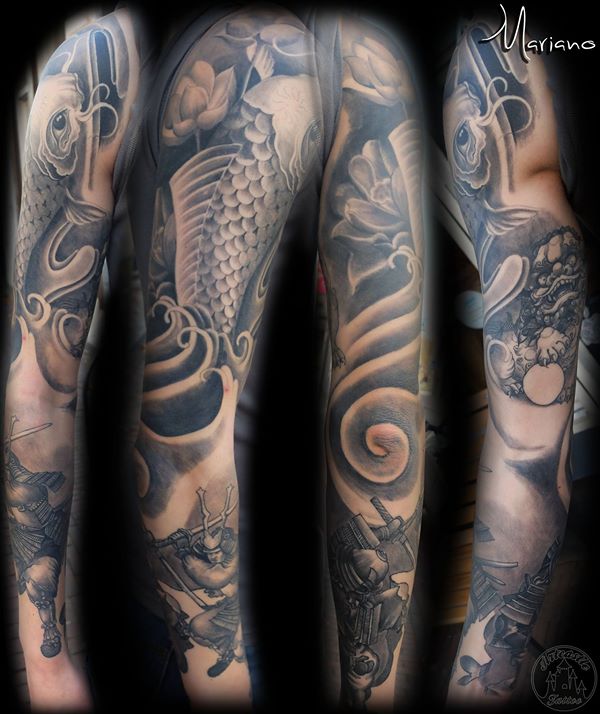 ArtCastleTattoo Tattoo ArtiestMariano Full japanese sleeve with a Koi Warrior and a Fu Dog in black n grey Sleeves