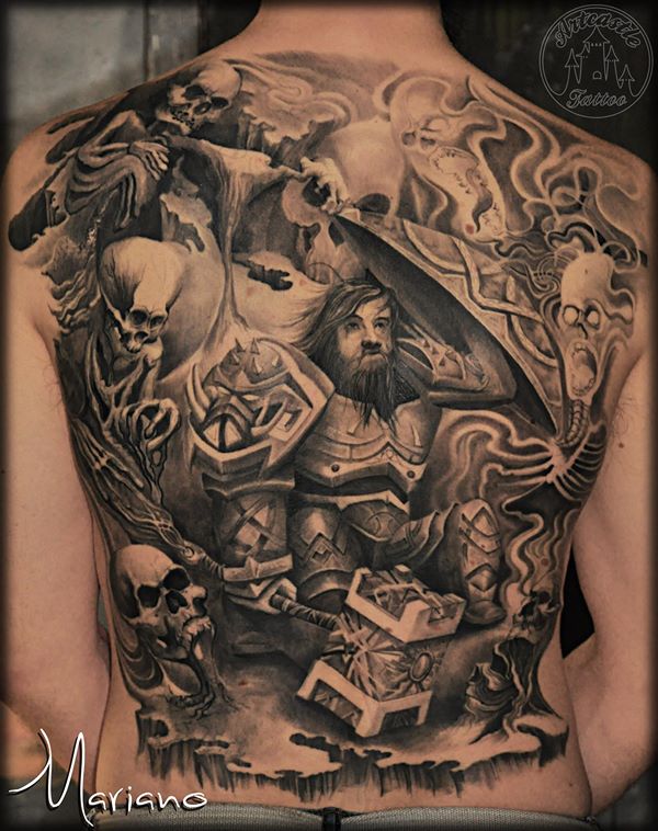 ArtCastleTattoo Tattoo ArtiestMariano Guardian and skulls realistic black grey backpiece with lots of details BlacknGrey